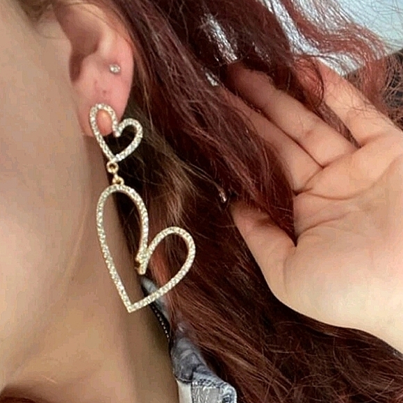 Gold Hoop chunky earrings dangle rhinestone Hearts Romantic statement 💖2/$30 - Picture 6 of 16